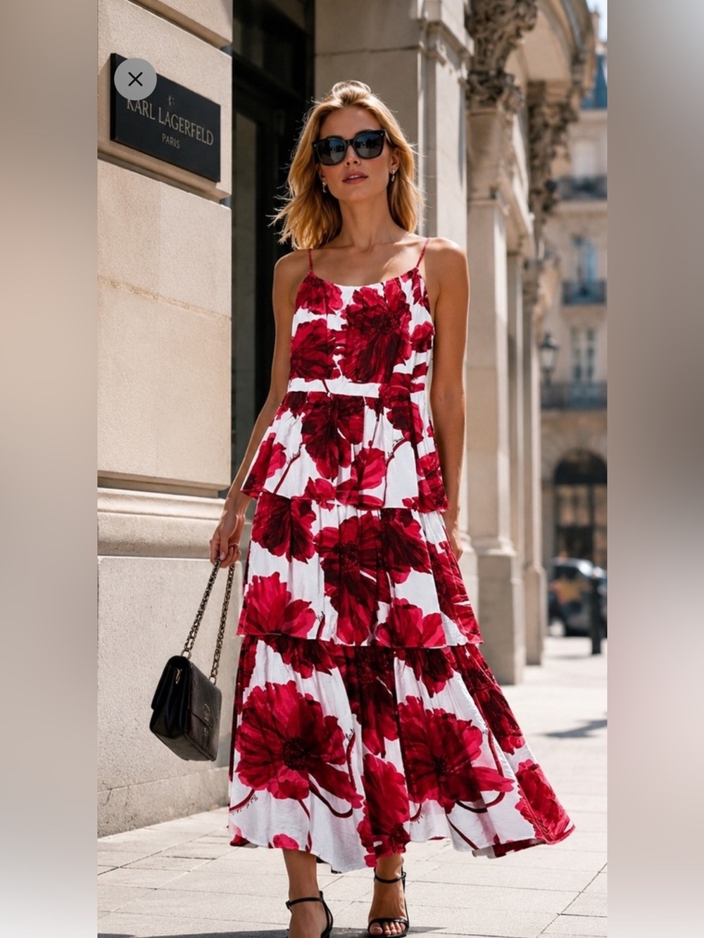NWT - Karl Lagerfeld Paris Red and White Floral Tiered Maxi Dress